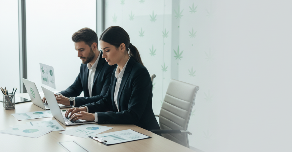 A modern, professional business banner representing the cannabis industry in Canada. Show a sleek office or consulting environment with business professionals working on laptops and financial reports. Subtle cannabis-related symbols like abstract green leaf icons or patterns on screens or papers (no actual cannabis plants). Use a clean, corporate color palette — soft greens, whites, and light grays — to symbolize compliance, growth, and professionalism. Include elements like charts, documents, laptops, and soft lighting reflections on glass or metal. Wide horizontal composition suitable for a website banner. Ultra-realistic, cinematic lighting, shallow depth of field, no text anywhere in the image, plenty of open space for overlay content.