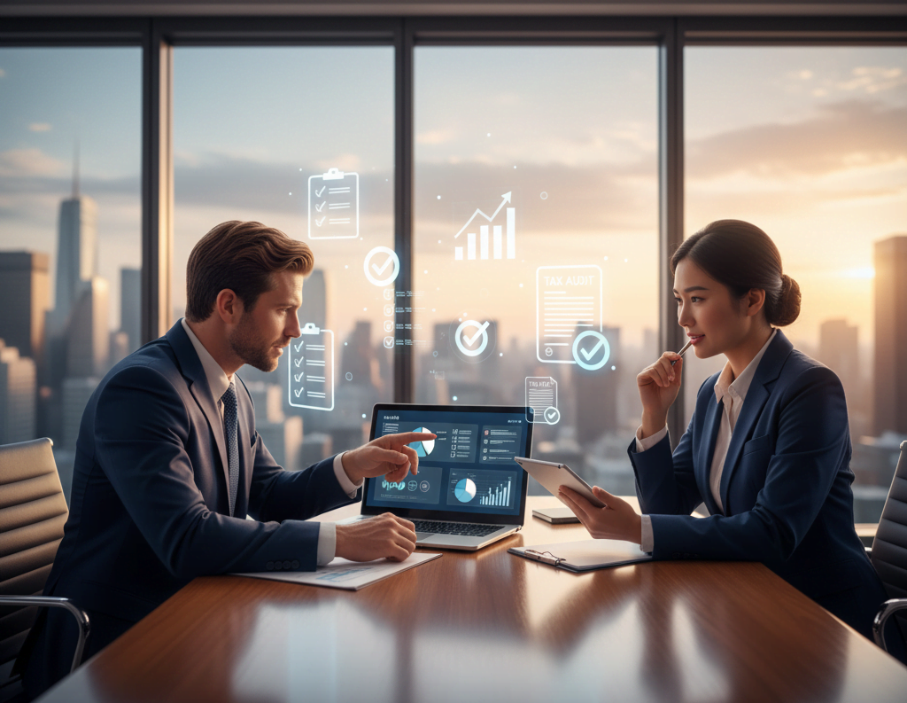 Ultra-realistic, cinematic wide banner for a Chartered Accountant (CA) website section titled “CRA Audit Preparation Checklist.” Show a modern professional office with a clean desk, laptop displaying audit reports, financial charts, and compliance documents. Replace human accountants with two intelligent, professional-looking monkeys dressed in formal business attire (male and female), realistically designed to resemble accountants — reviewing paperwork or discussing CRA audit files together. Include elegant 3D or vector-style icons representing checklists, tax audit forms, financial graphs, and document approvals. Lighting should be natural and professional, with crisp HD clarity, sharp details, realistic reflections, and no blur anywhere. Keep the composition balanced with white space for future text placement. 16:9 aspect ratio, ultra-high resolution, no text on image.